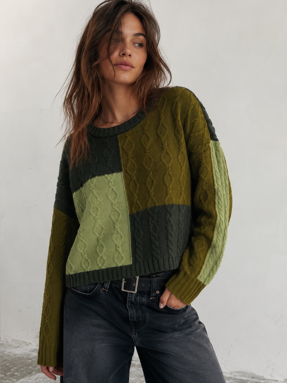 Empyre Cable Knit Patchwork Cropped Sweater Green Large Y2K Grunge